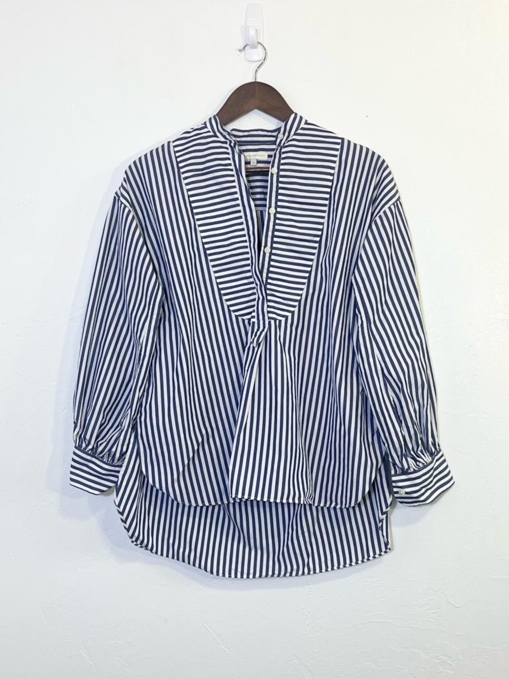 Ann Mashburn Christiane Bib front Tunic Shirt Blue Stripe Cotton Poplin XS